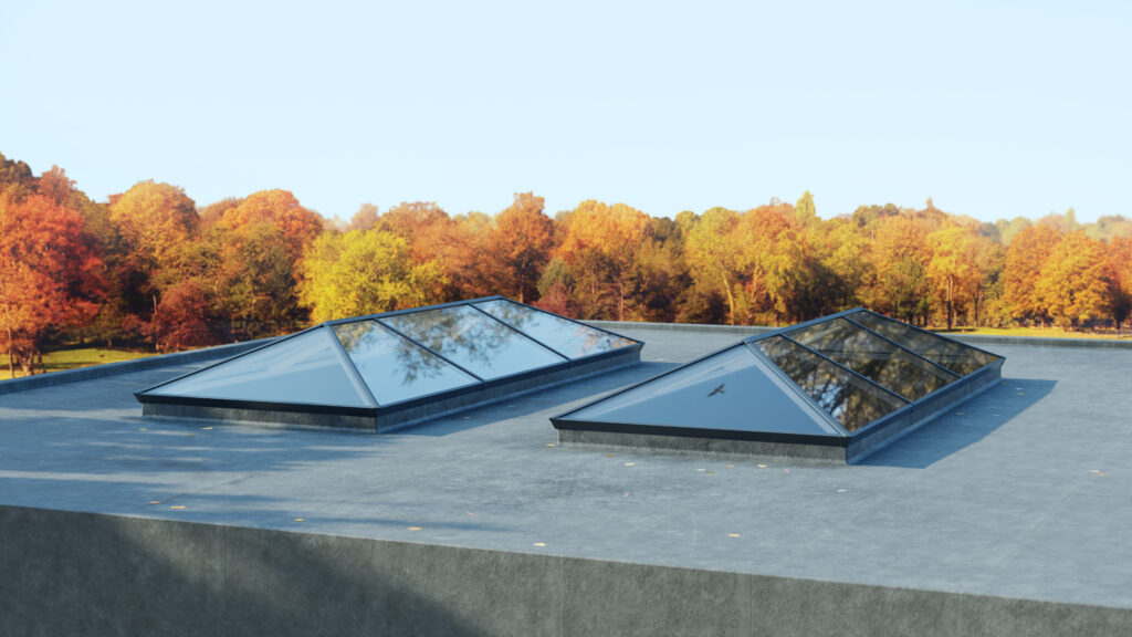 Sheerline Lanterns installed on top of a flat roof. 